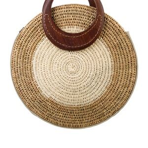 Round Woven Straw Bag with Brown Handles